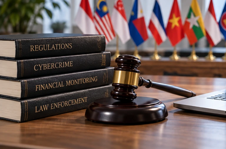 Regional flags and legal reference materials illustrate the different national frameworks across ASEAN.