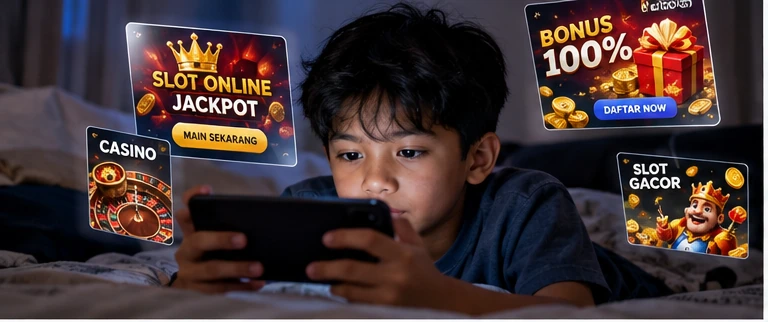 A child encounters gambling-themed promotions while using a mobile device.