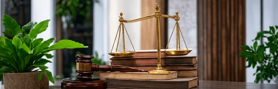 Law books, judge gavel and scales representing legal review