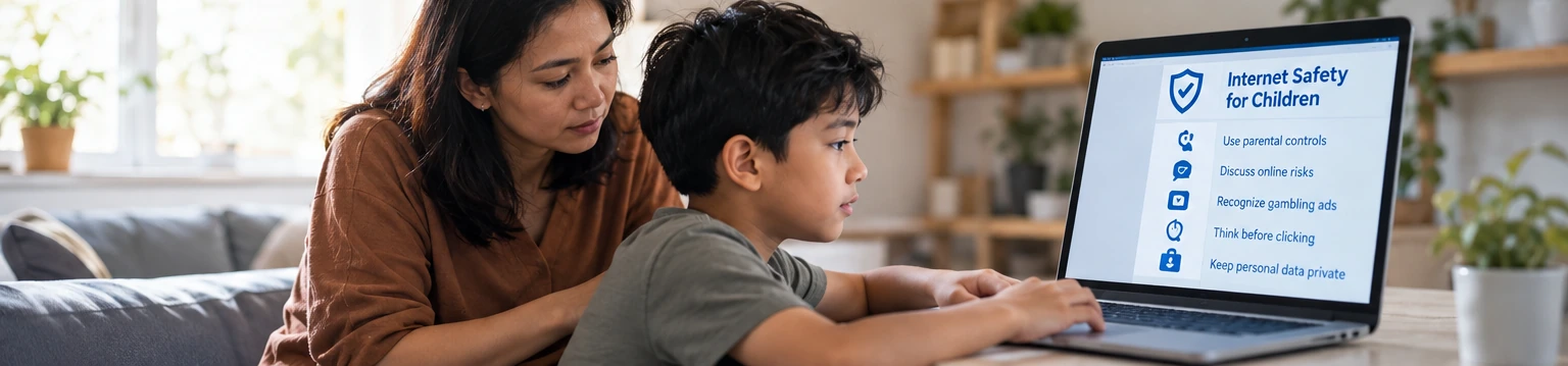 A parent and child discuss safer online habits.