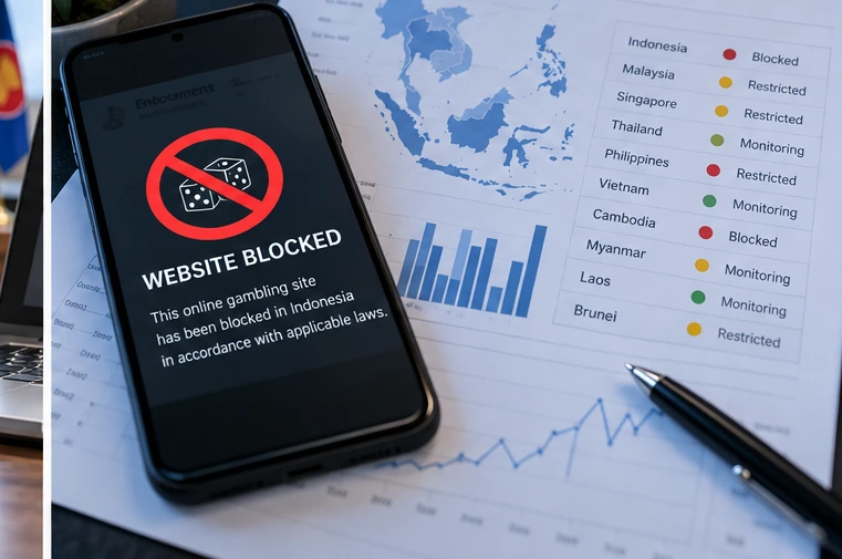 Illustration of gambling-site access restrictions and enforcement monitoring; not a live government dashboard.