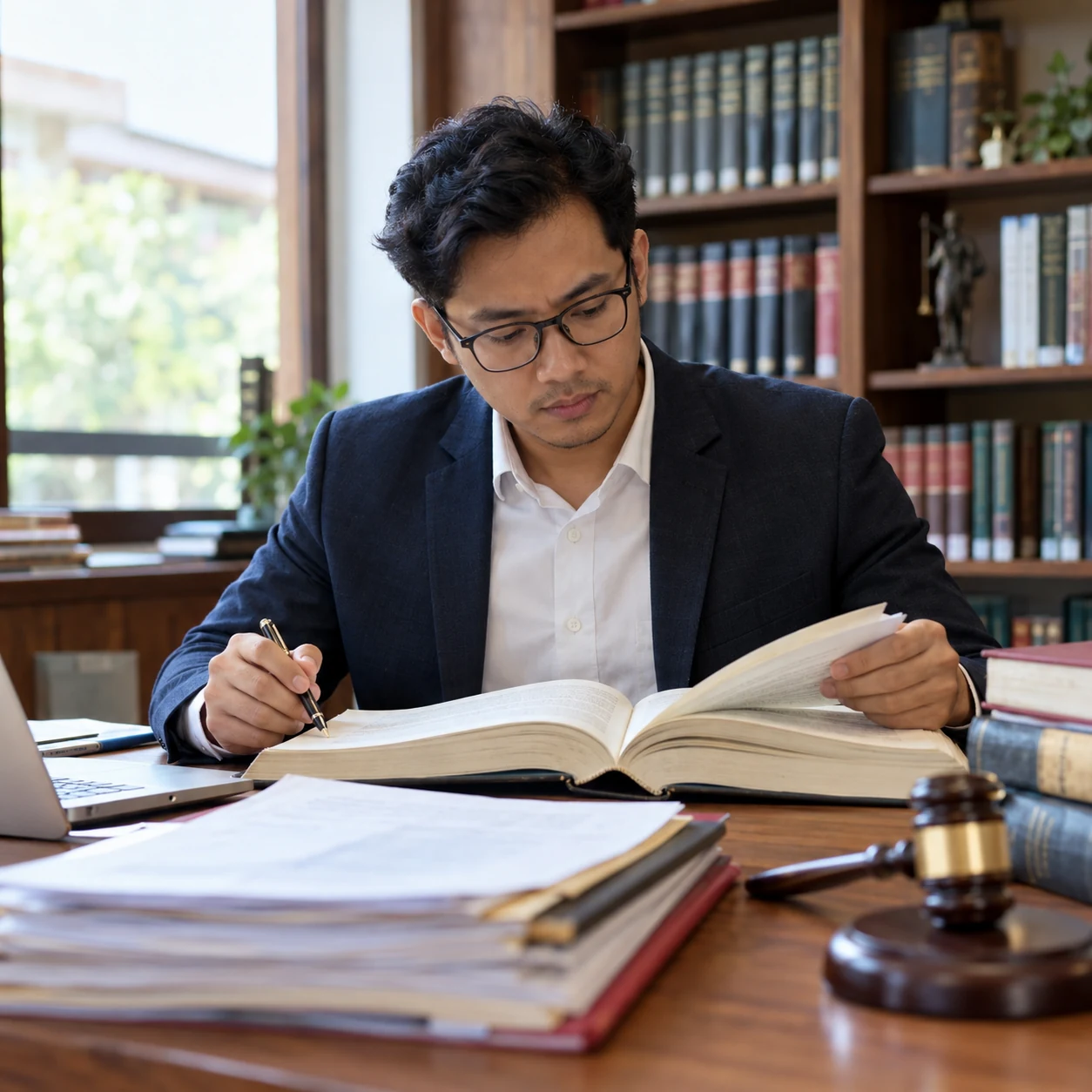 Indonesian legal researcher reviewing criminal law