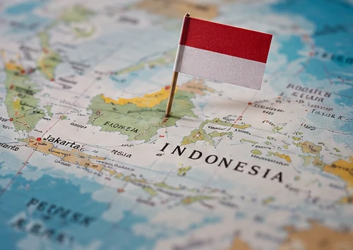 Map of Indonesia with a small Indonesian flag