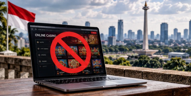 Laptop displaying an online casino access restriction in Jakarta