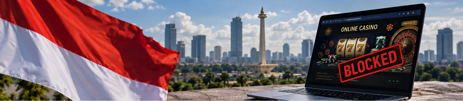 Indonesia flag and Jakarta skyline alongside a computer illustrating restrictions on online casino sites