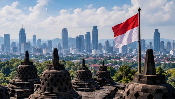 Indonesian urban landscape and national flag illustrating the local social context
