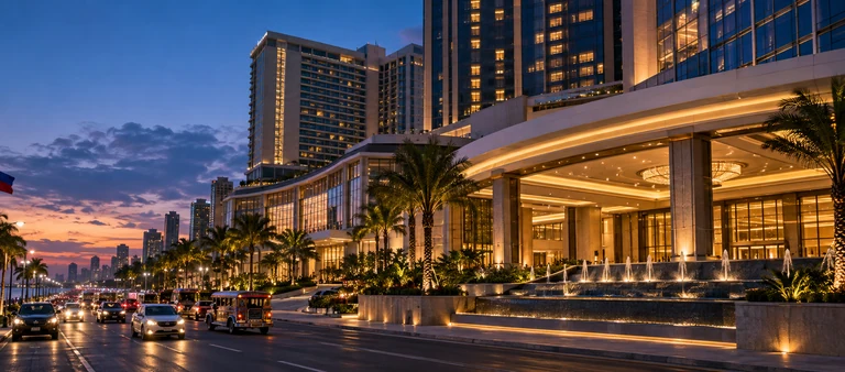 Illustrative Manila Bay casino-resort exterior for the Philippines’ regulated gaming economy.