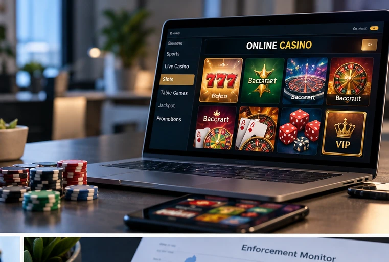 Illustrative online casino interface and gaming chips; illegal gambling enforcement also targets payment channels.