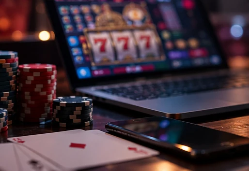 Online casino slot machine on a laptop beside gaming chips